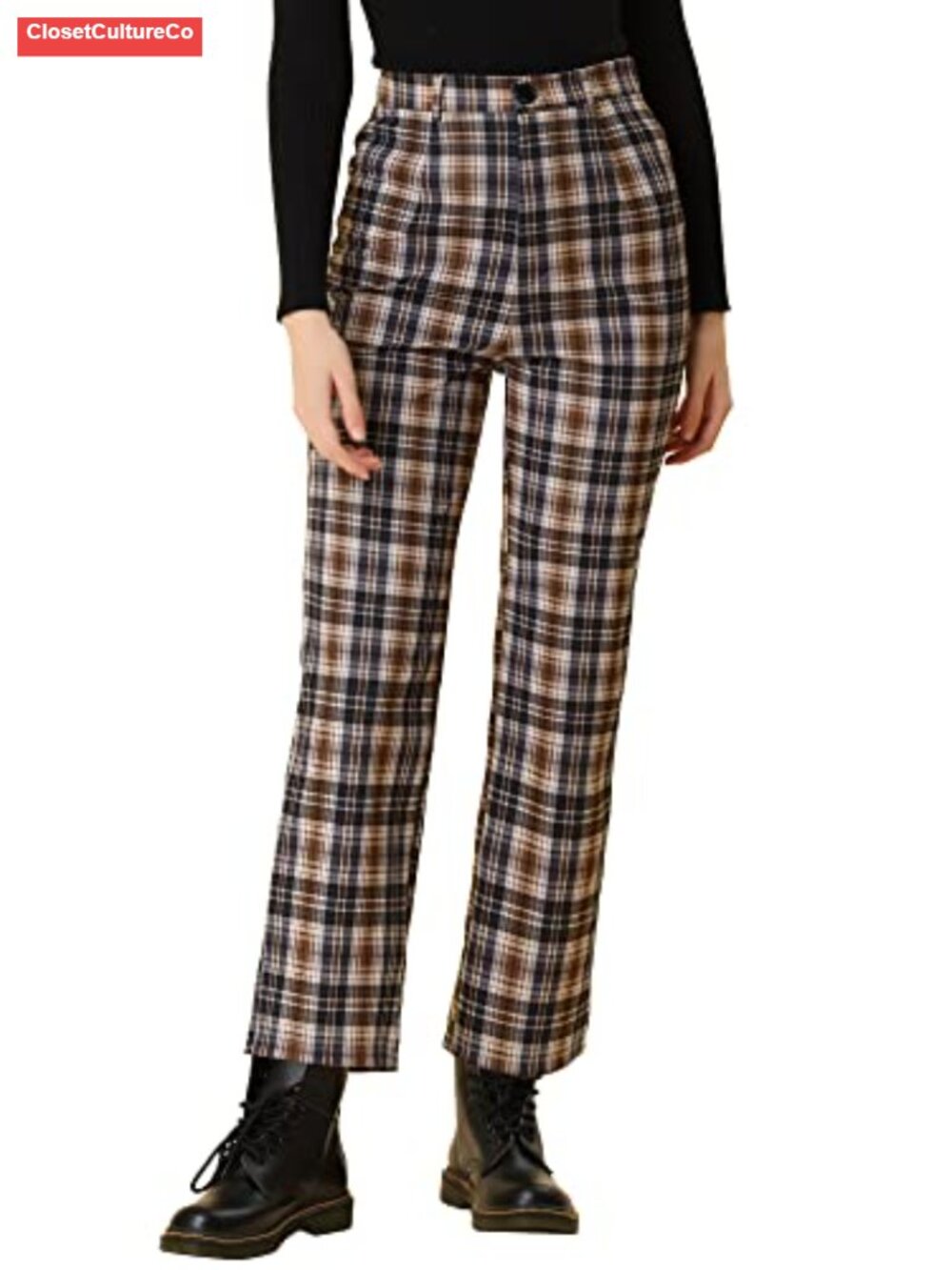 Women's Plaid High Waist Straight Leg Cropped Work Pants